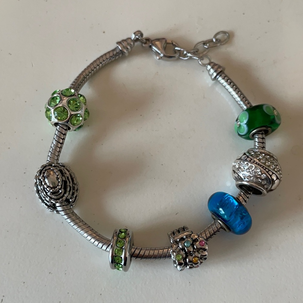 Beautiful Silver Bead Bracelet with Blue Green and Silver Beads